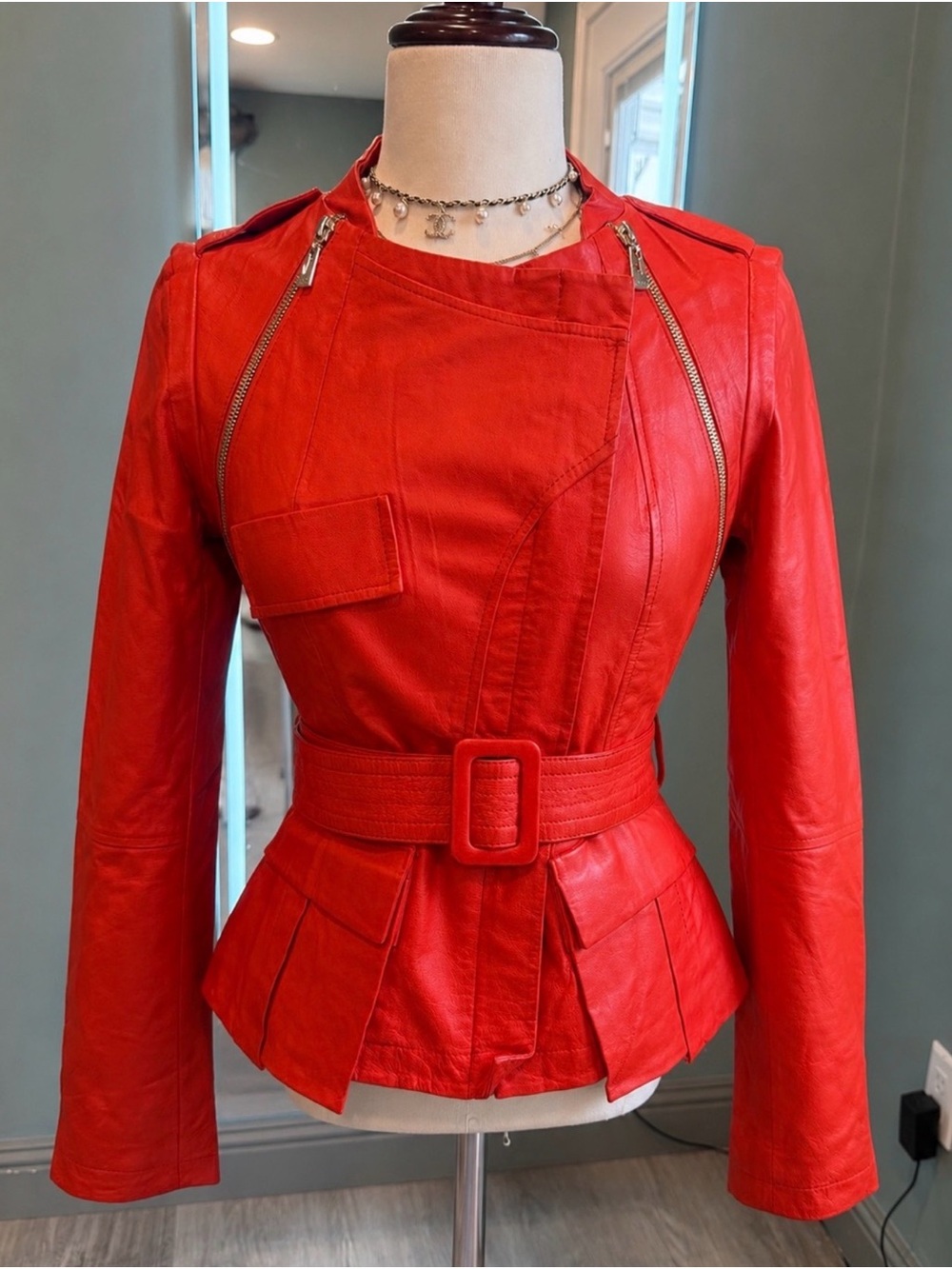 Vintage Vero Moda Orange Red Genuine Pig Leather Belted Peplum Jacket XS